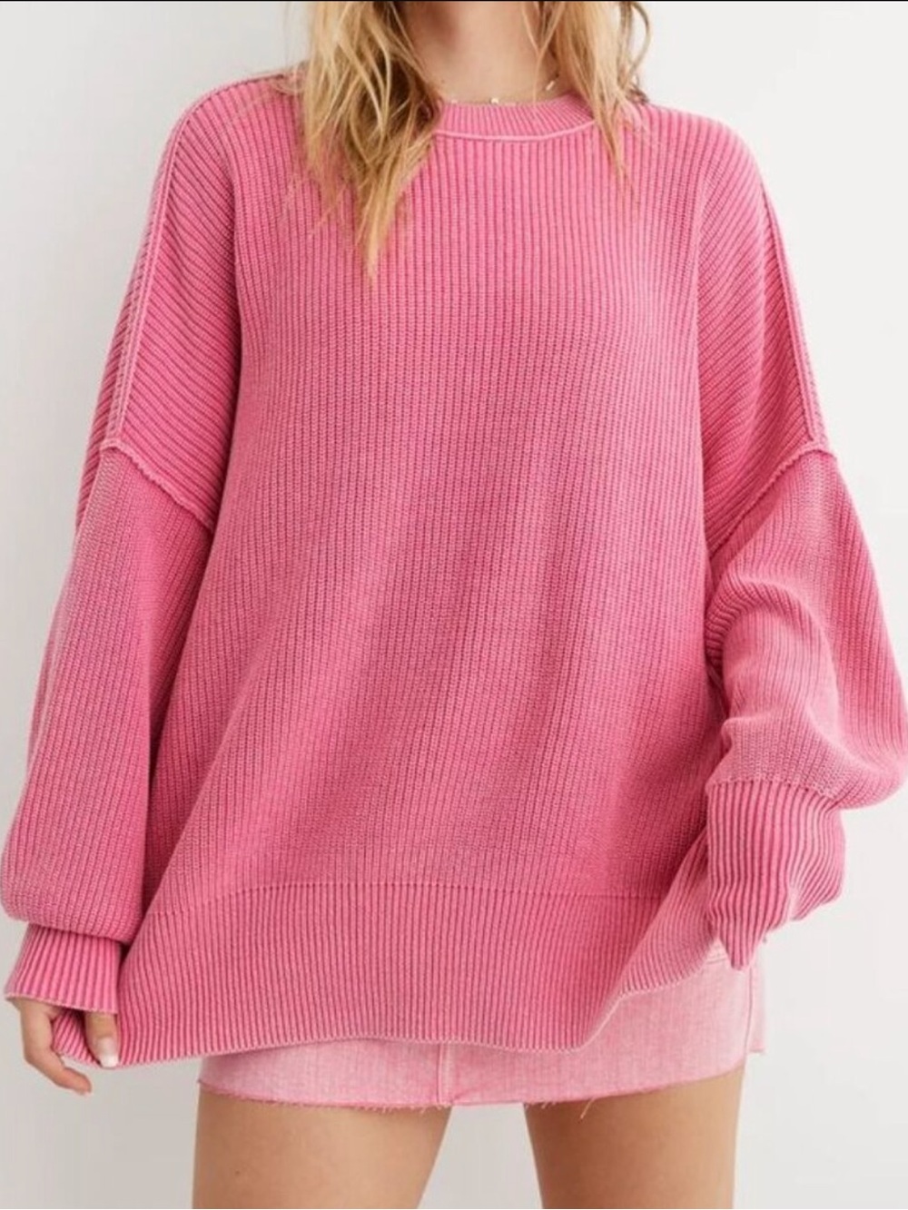 Aerie Beyond Sweater Oversized Knit Crew Neck Pink